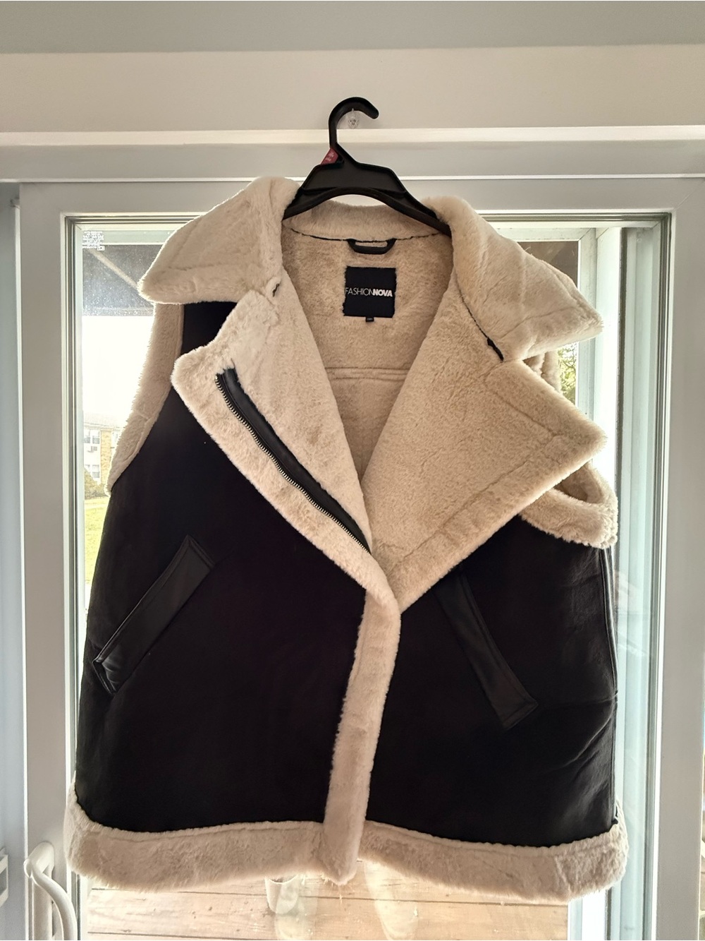 Fashion Nova Black and Cream Faux fur Vest